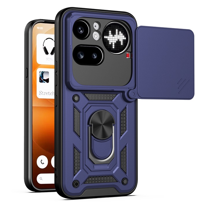 Husa pentru Nothing Phone (4a) Pro cu inel rotativ 360 Daden, Camshield series, Hybrid Antisoc, Slider pentru protectia camerei, Albastru