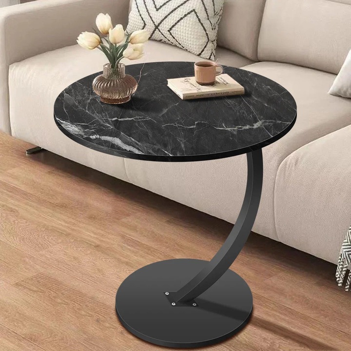 Masuta de Cafea Vivendo Rotunda Design Nordic Lemn Nuc Cadru Metalic 40cm Living Dormitor Minimalist, Negru cu alb