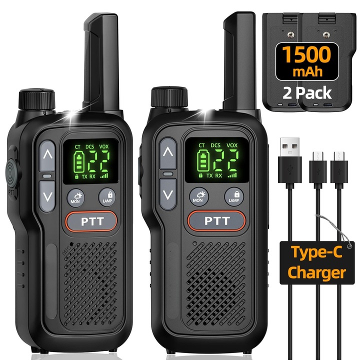 2x Hordozható Rádió Adó-Vevő Készlet, Walkie Talkie, SHIJOOE®，1500 mAh-s újratölthető akkumulátor, LCD kijelző，Zseblámpa, Rádióvevő，Dupla PTT, 16 PMR csatornára programozva, 50 CTCSS ，210 DCS，1-3 km，Túrázáshoz, kempingezéshez és utazáshoz，Fekete
