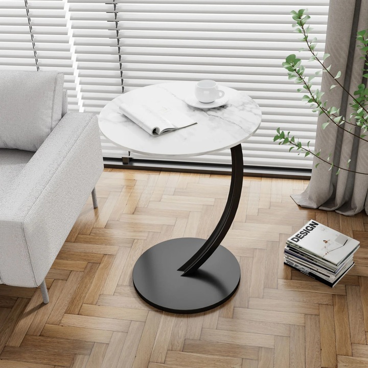 Masuta de Cafea Vivendo Rotunda Nordic Lemn Nuc Cadru Metalic 40cm Design Minimalist Living Dormitor, Alb cu negru