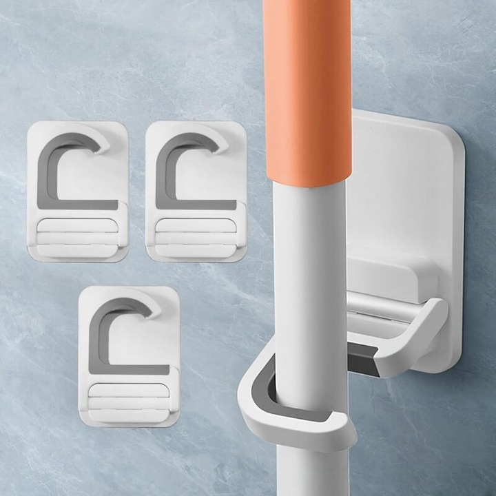 Suport pentru maturi si mopuri, set de 3 bucati, alb, design C, rotire 180°