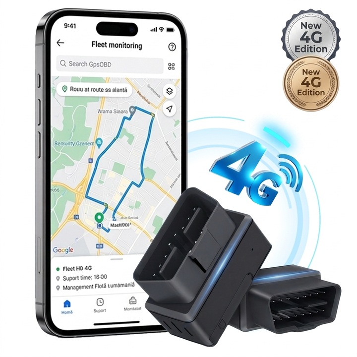 Tracker GPS Auto OBD 4G, Aplicatie Mobila Dedicata, Localizare in Timp Real, Istoric Traseu, Alerta Viteza si Perimetru, Plug and Play, Negru