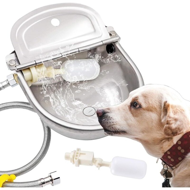 Dispenser automat de apa pentru animale, castroane mari din otel inoxidabil, 3/4 litri, pentru caini, pisici, pasari, capre, ponei