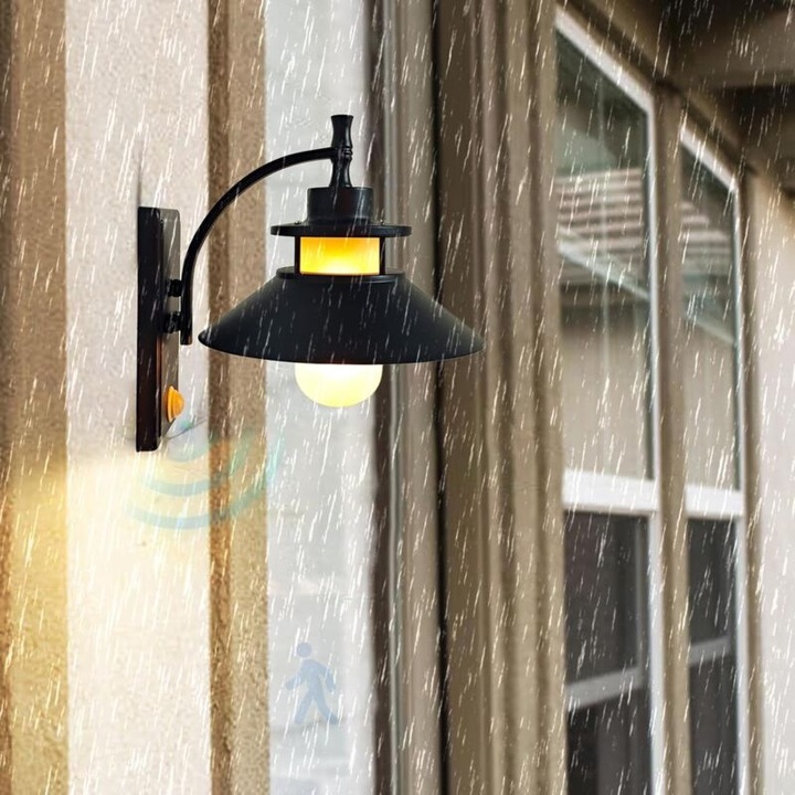 Aplica retro pentru exterior cu senzor de miscare, neagra, 1 bucata, IP65, din fier forjat si sticla