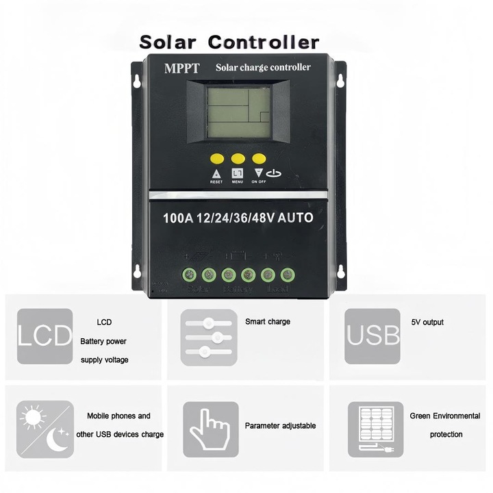 Соларен контролер, MPPT, 12V/24V/36V/48V, 100A, LED дисплей, регулатор на напрежение за соларни панели, двойни USB портове