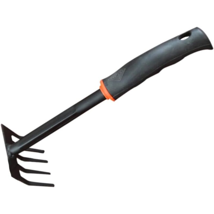 5 fogú kézi gereblye, ergonomikus fogantyú, fém és fa, könnyen használható, fekete, 1 darab