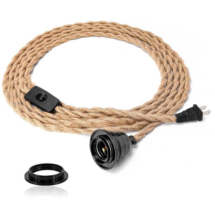 Lustra retro cu cablu din sfoara de canepa, soclu E26/E27, lungime ajustabila, 4.5m, pentru interior