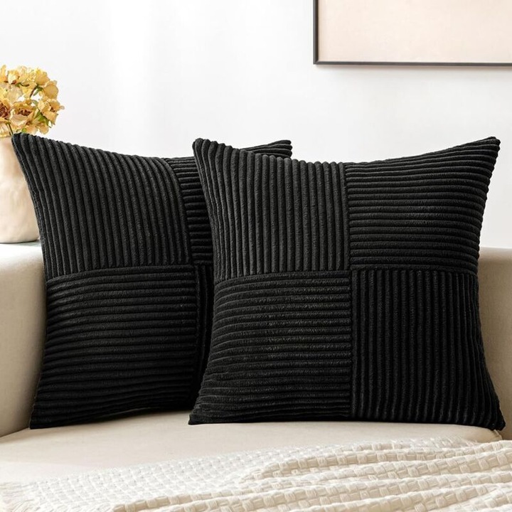 Fete de perna din catifea, set de 2, design boho, 45x45cm, negru