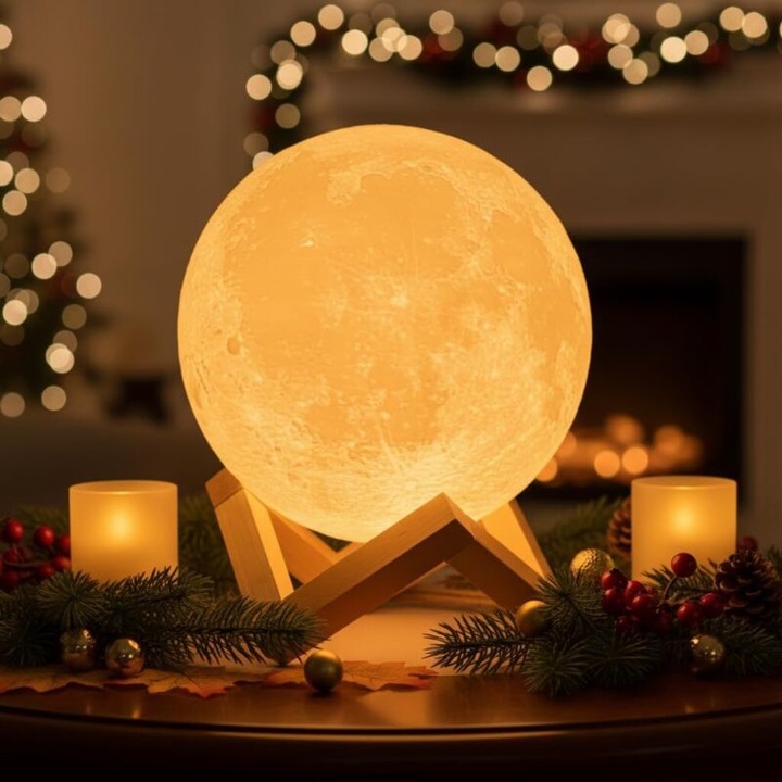 Lampa lunara 3D, reincarcabila, cu baza ceramica, lumina calda si alba, 6 cm, set cadou