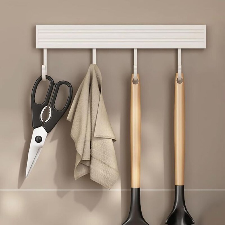 Suport pentru ustensile de bucatarie, 4 carlige, 20 cm, alb, design minimalist