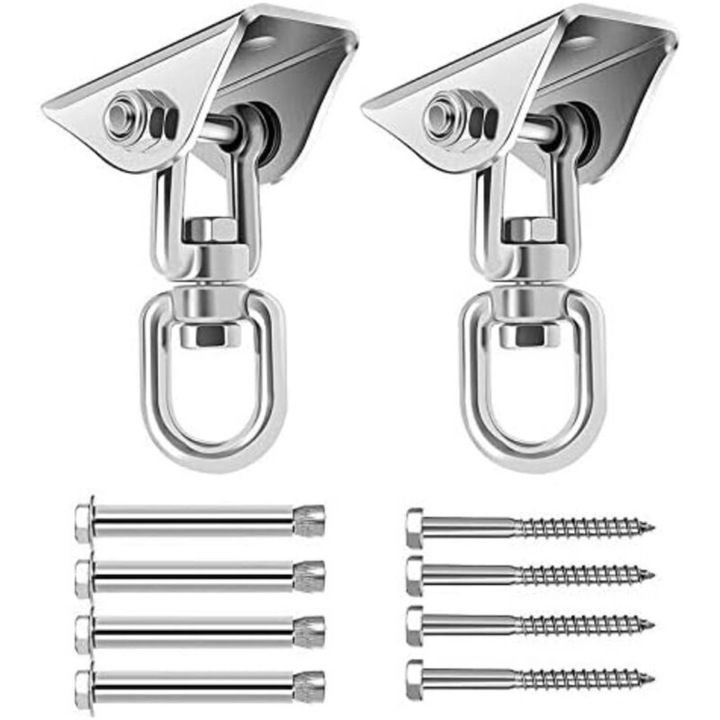 Carlige de leagan rezistente, set de 2, inox 304, design cu piulita de blocare, rotire 360°, argintii