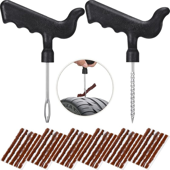 Kit de reparare anvelope 32 piese, unelte de insertie si reamer, pentru anvelope fara camera, multicolor