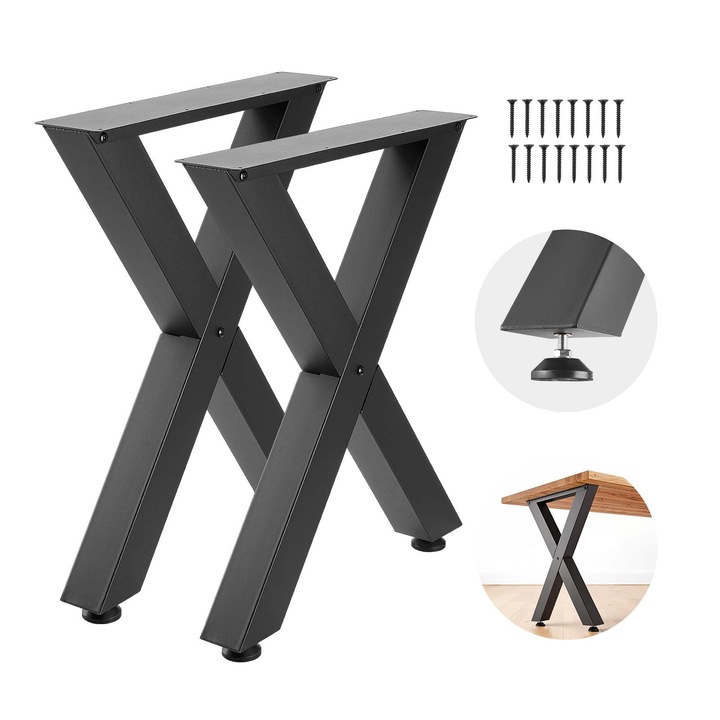 Set 2 picioare pentru masă, tip X, negru, 75x60cm, capacitate 1000 kg