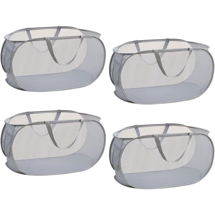 Cosuri pentru rufe pliabile, set de 4, gri, cu buzunare laterale, dimensiuni mari