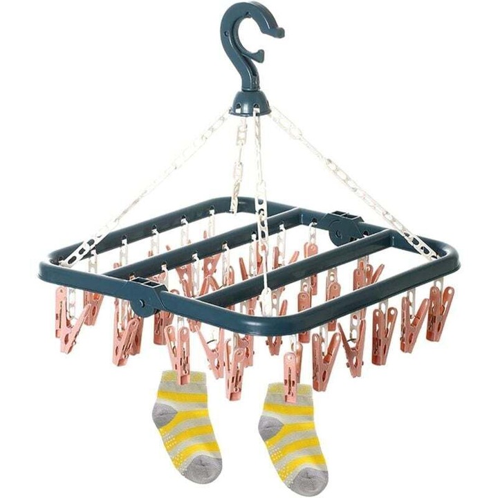 Uscator rufe pliabil cu 32 de clipsuri, multicolor, pentru sosete, prosoape, scutece, dimensiuni ajustabile