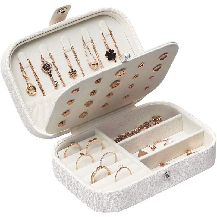 Cutie bijuterii pentru femei, organizator de bijuterii, design compact, alb, 16.5x11.5x5.5cm