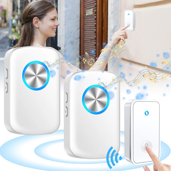 Sonerie electrica wireless, 2 receptoare, autoalimentata, alb