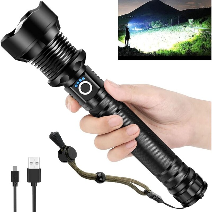 Lanterna LED reincarcabila, 5 moduri de iluminare, rezistenta la apa, neagra, set 1 bucata