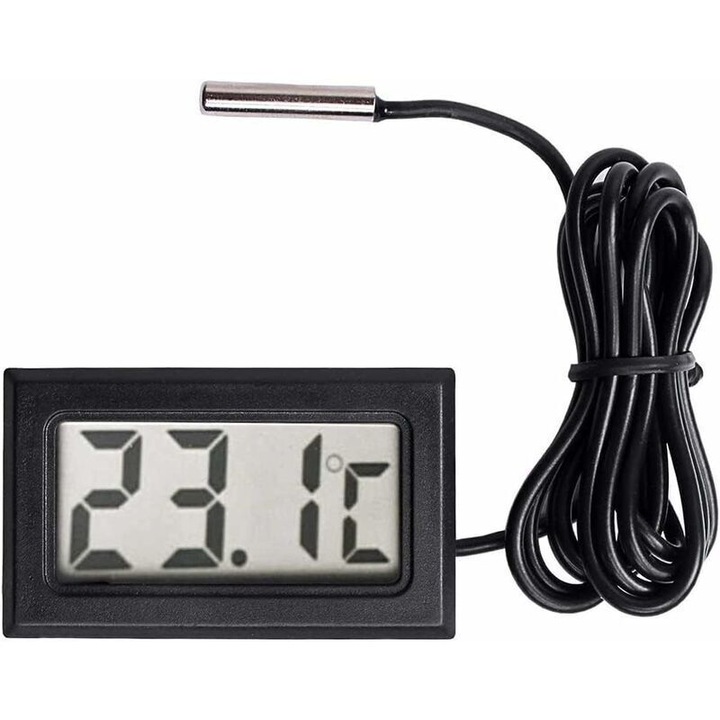 Termometru digital LCD cu sonda externa pentru frigidere, congelatoare si acvarii, negru, 1 bucata