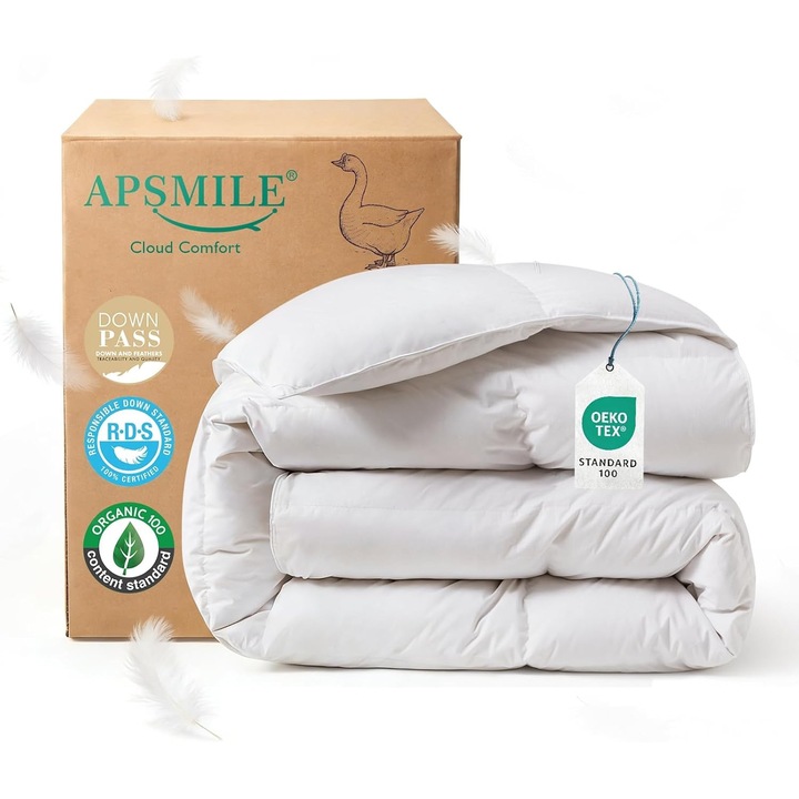 Pilota Premium din Puf si Pene 50/50, 135x200 cm, Bumbac Organic Certificat, Usoara si Calduroasa – Pilota de Vara cu Izolare Termica si Confort Superior, Alba