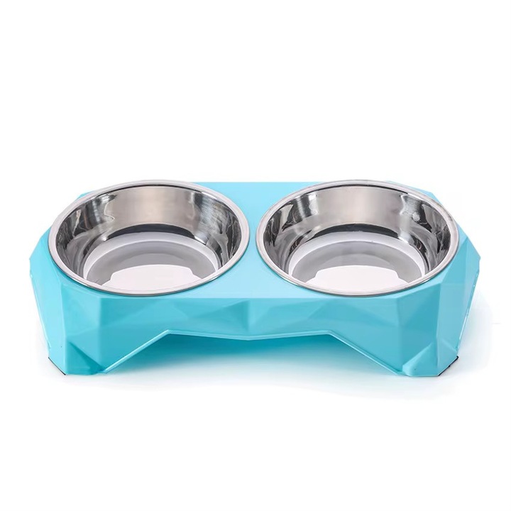 Bol dublu pentru animale de companie, Suport stabil cu 2 compartimente inox pentru hrana si apa, Ideal pentru caini si pisici, Design ergonomic anti-alunecare, 32x6.5cm, Albastru