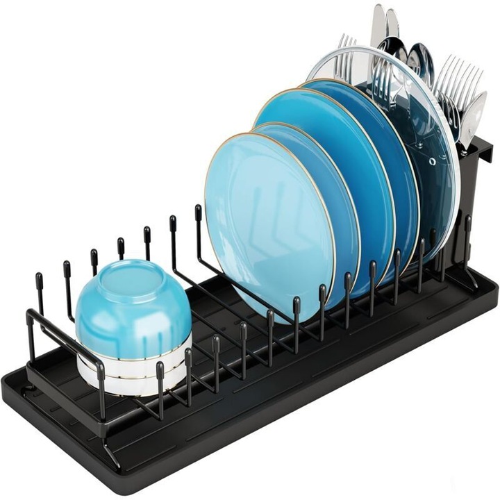Scurgator vase compact din inox, cu suport pentru tacamuri, negru, 3 compartimente