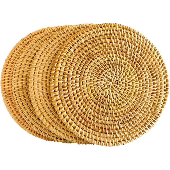 Set de 4 suporturi pentru bauturi din rattan natural, 16cm, aurii, handmade