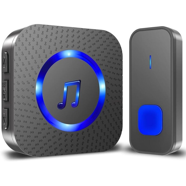Sonerie wireless cu 1 receptor si 1 buton, impermeabil, cu LED colorat, neagra