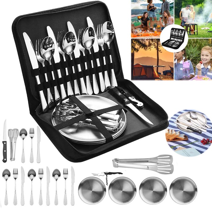 Set de tacamuri pentru picnic, 20 piese, Inox.Durabil, Usor de curatat, Portabil. Design modern.Include farfurii, linguri, cleste, cutit, desfacator de sticle, furculita si geanta de depozitare.Pentru Calatorie, Iesirile in Aer Liber sau Drumetii, Argint
