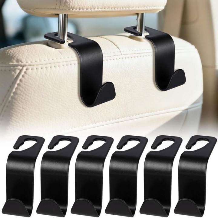 Autós tartók, 6 darabos készlet, vizespalackok, maszkok, pénztárcák, bevásárlótáskák felakasztásához, fekete