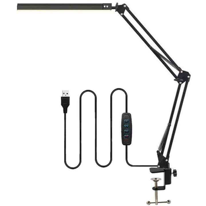 Lampa de birou LED pliabila, 1 bucata, neagra, cu brat lung, constructie din aluminiu, suport ajustabil