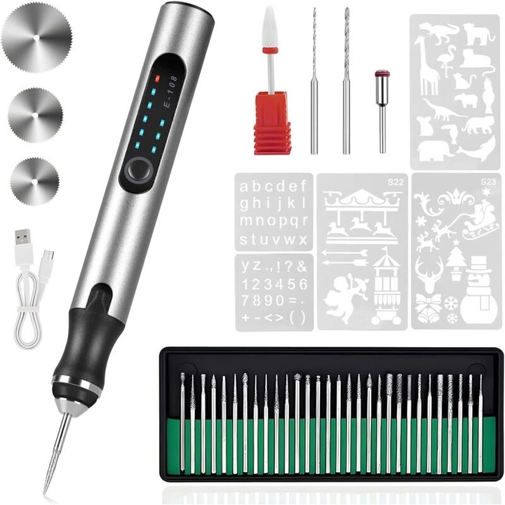 Pix de gravare electric, portabil, pentru diverse materiale, argintiu, set