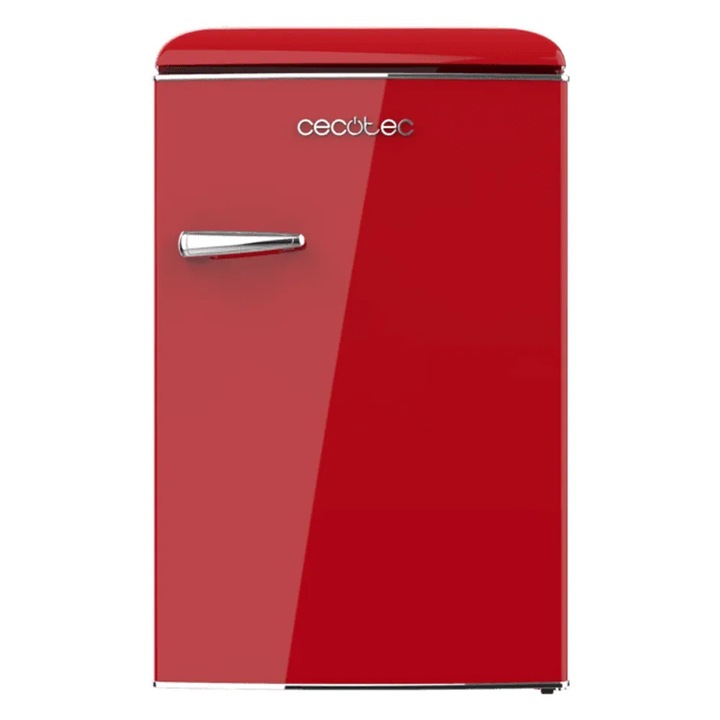 Mini hűtőszekrény Retro Cecotec, Bolero CoolMarket Mini, 110 liter, ideális lakókocsikba/nyári konyhába/szállodai szobákba/panziókba, állítható termosztát, Ice Box fagyasztórekesz, 2 üvegpolc, gyümölcs-/zöldségtároló fiók, 3 rekesz az ajtón, piros