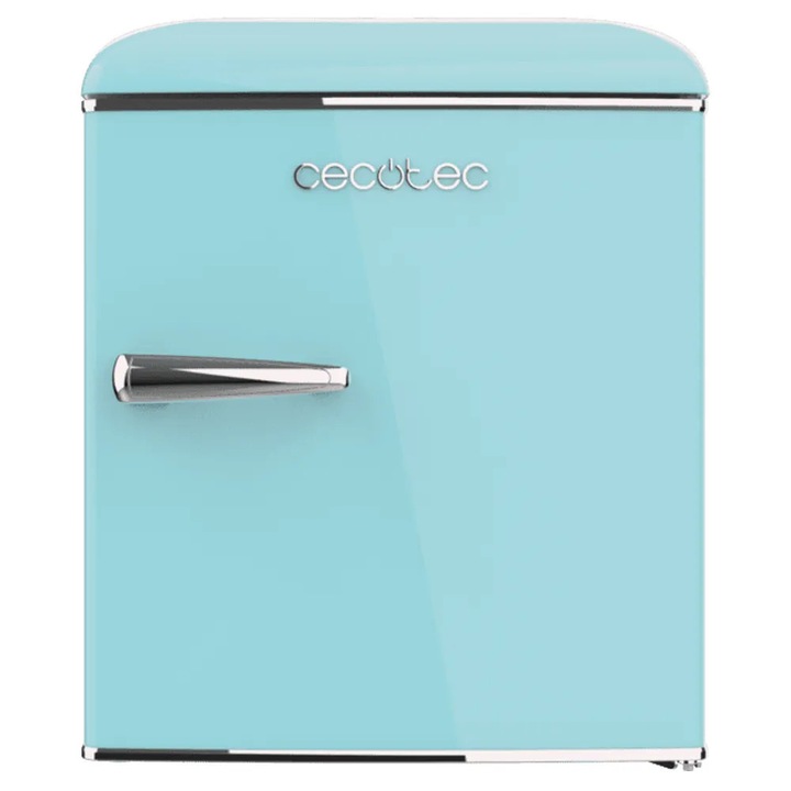 Mini hűtőszekrény Retro Cecotec, Bolero CoolMarket TT Origin, ideális lakókocsikba/panziókba/szállodai szobákba, 45 literes kapacitás, 55 cm magasság, állítható hőmérséklet, tojás-/palacktartó rekesz, Ice Box típusú jégrekesz, kék