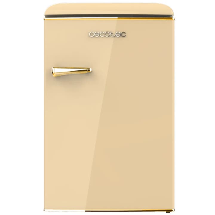 Mini frigider Retro Cecotec, Bolero CoolMarket Mini, 110 litri, ideal pentru rulote/bucatarie de vara/camere de hotel/pensiuni termostat reglabil, compartiment congelare Ice Box, 2 rafturi sticla, sertar fructe/legume, 3 compartimente pe usa, bej