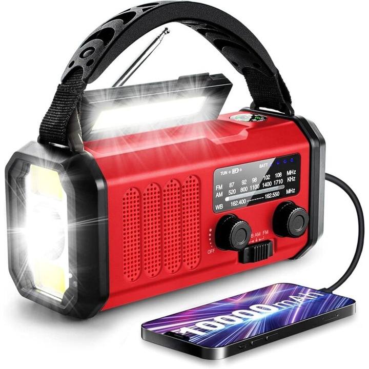 Radio de urgenta cu manivela si solar, 10,000 mAh, flashlight 3 moduri, rosu, 16x6x8.5cm, set 1 bucata