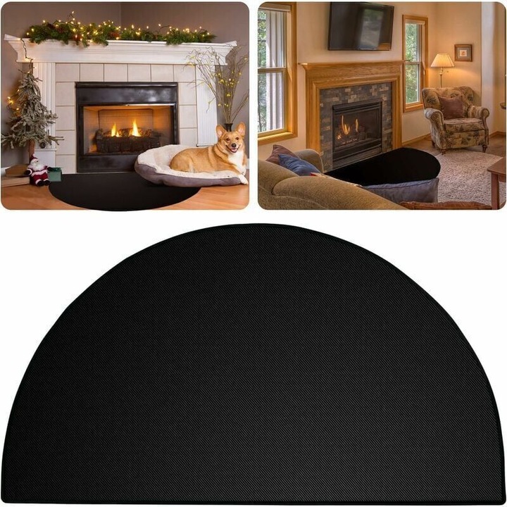 Covor de foc semirotund, 46x26cm, rezistent la temperaturi ridicate, negru, pentru protectia podelelor si teraselor