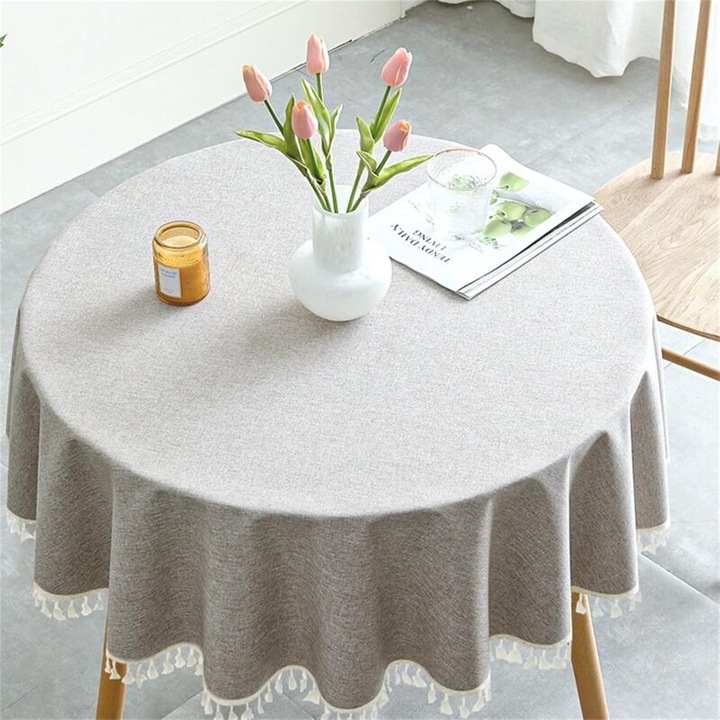 Fata de masa rotunda impermeabila cu ciucuri, gri, 120 cm, set 1 bucata