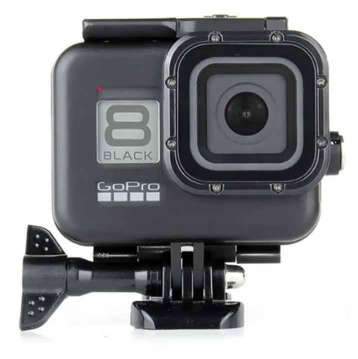 Sistemul de Prindere si Carcasa Waterproof pentru GoPro Hero 8, rezistenta la soc, negru, cu folie de protectie, impreuna cu prindere QR si surub