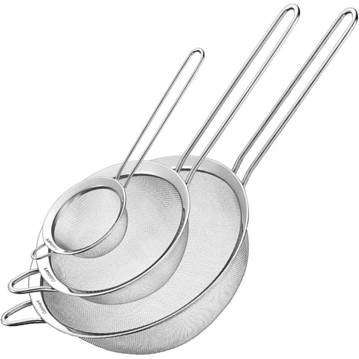 Set de 3 strecuratori din otel inoxidabil, diametru 10cm, 14cm, 26cm, argintii