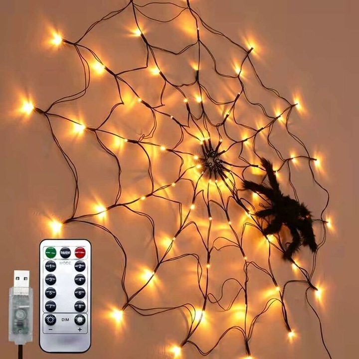 Decoratiuni Halloween - Panza de paianjen, 1m, 70 LED-uri, 8 moduri, impermeabil, set cu paianjen negru