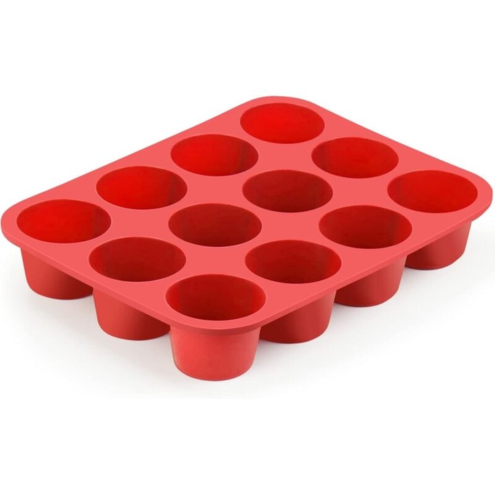 Forma prajituri din silicon, 12 muffins, rezistenta la temperaturi -40C la +230C, rosie