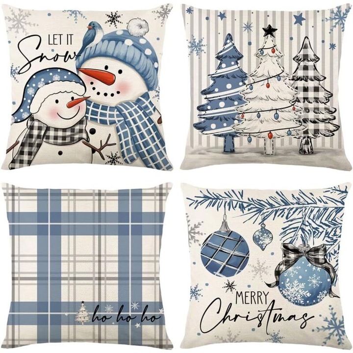 Fete de perna, design om de zapada si brad de Craciun, 45x45cm, set de 4, albastru