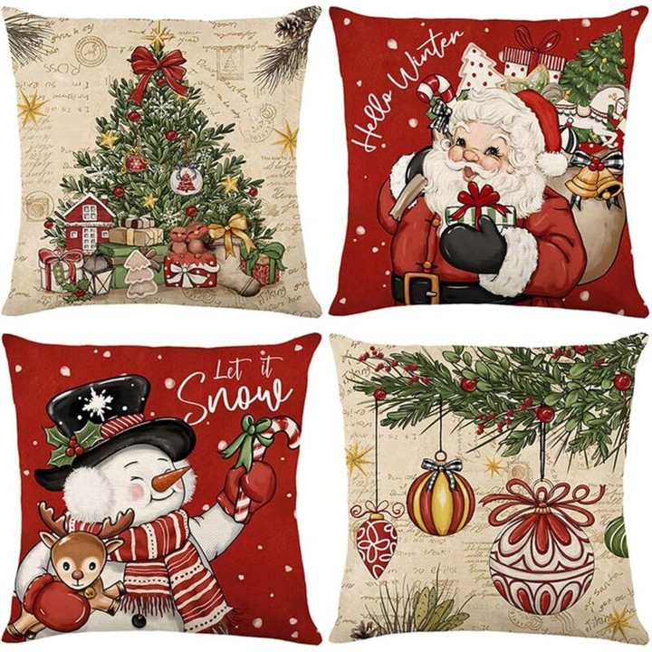 Fete de perna, set de 4, design Mos Craciun si om de zapada, rosu, 45x45cm