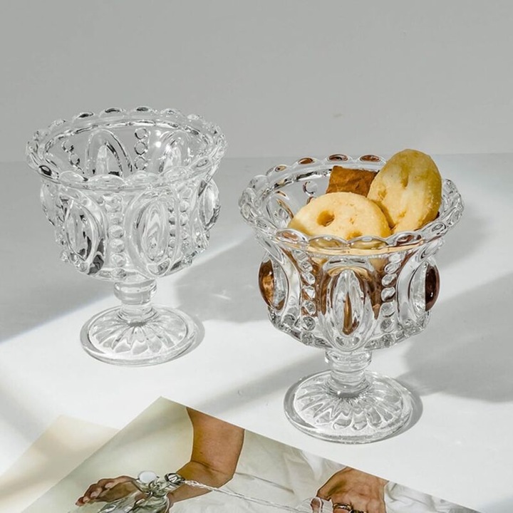 Vintage desszert poharak, 2 darabos szett, átlátszó kristály, 20 cl, elegáns design, különleges alkalmakra