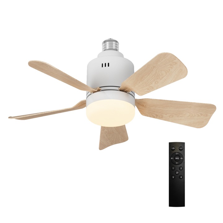 Lámpa ventilátorral, 5 lapátos, fehér-furnér, UWOT, 4 sebességfokozat, 45 cm, fokozatmentes fényerő-szabályozás, fényforrás 12 W × 2 + motor 12 W, távirányító/alkalmazás, egyszerűen beszerelhető bármilyen izzófoglalatba, PP+PS