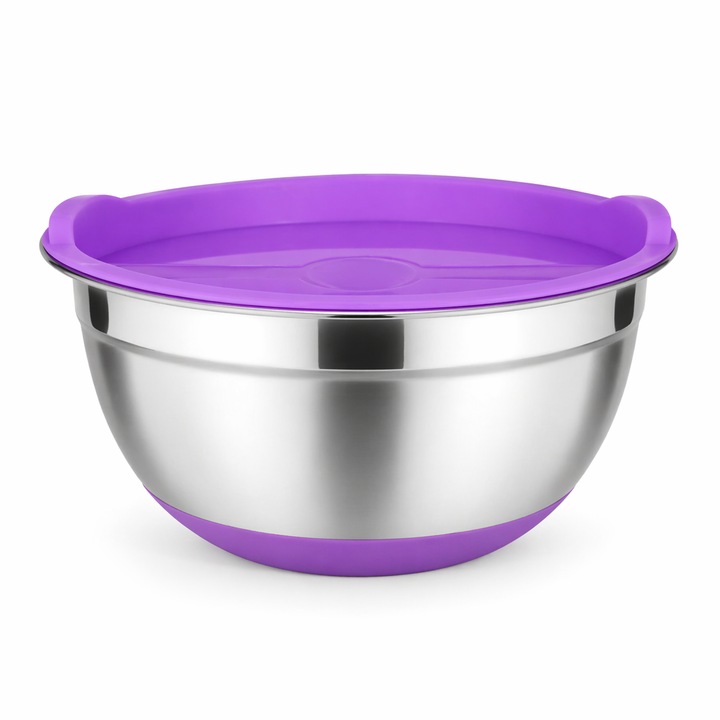 Castron Inox cu Capac si Baza Antiderapanta Macvi® 28 cm Bol Bucatarie, Otel Inoxidabil cu Capac Etans, Mov