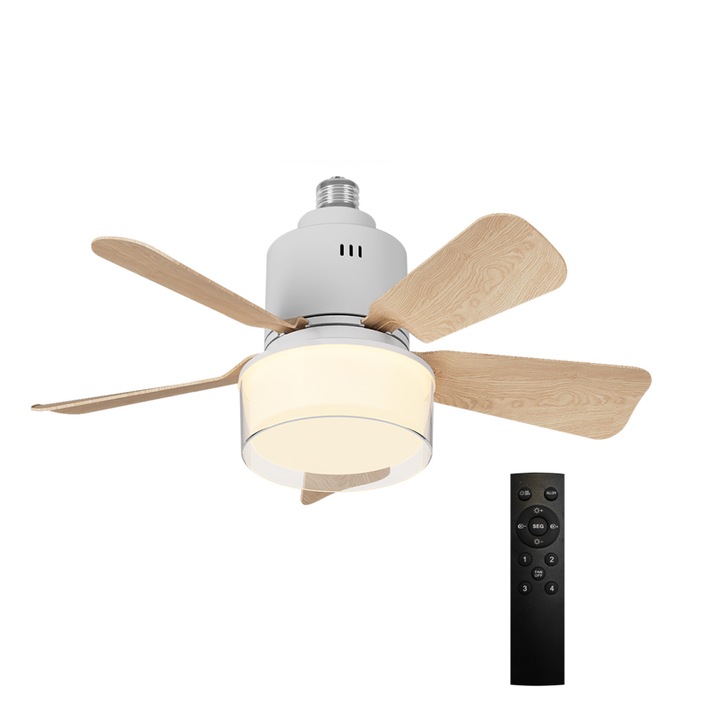 Lámpa ventilátorral, 5 lapátos, Fehér-fa, UWOT, 4 sebességfokozat, 45 x 21 cm, fokozatmentes fényerő-szabályozás, fényforrás 12 W × 2 + motor 12 W, távirányító/alkalmazás, egyszerűen beszerelhető bármilyen izzófoglalatba, PP+PS