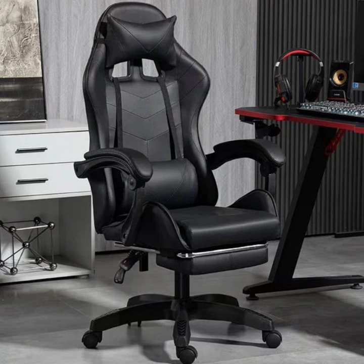 Геймърски стол Vivendo Speedx Gt, екологична кожа, реклайнер, ергономични възглавници, поставка за крака, състезателен, черен