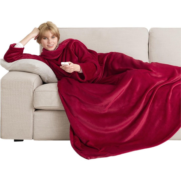 Patura cu Maneci Vivendo Snuggie Fleece Moale Calduroasa pentru Canapea Pat Birou Iarna Unisex 190x140cm, Grena